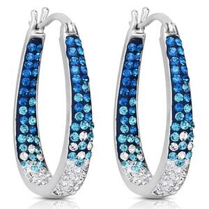 14K White Gold Blue Sapphire Diamond Crystal U Shape French Lock Hoop Earrings